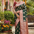 Dark Green Banarasi Silk Saree Rich Zari Border Motifs Traditional Saree