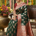 Dark Green Banarasi Silk Saree Rich Zari Border Motifs Traditional Saree