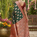 Dark Green Banarasi Silk Saree Rich Zari Border Motifs Traditional Saree