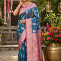 Royal Teal Blue Banarasi Silk Saree Pink Zari Border Design Traditional  Saree