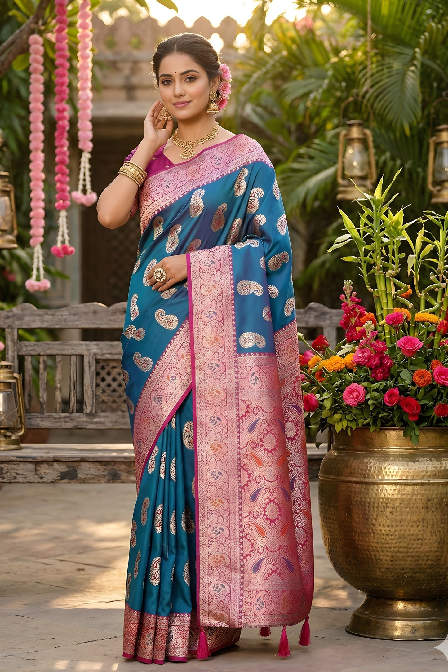 Royal Teal Blue Banarasi Silk Saree Pink Zari Border Design Traditional  Saree