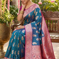 Royal Teal Blue Banarasi Silk Saree Pink Zari Border Design Traditional  Saree