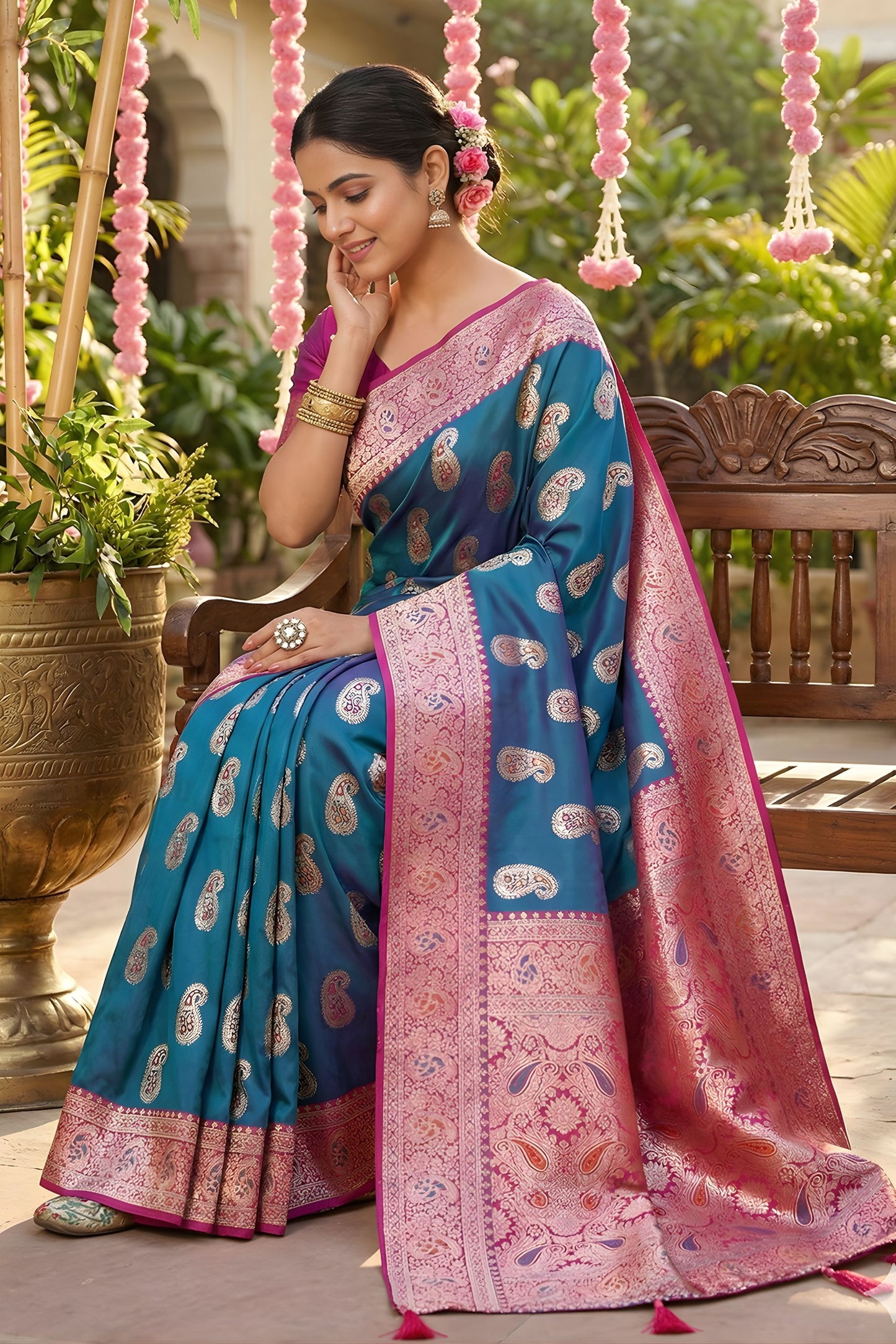 Royal Teal Blue Banarasi Silk Saree Pink Zari Border Design Traditional  Saree