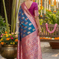 Royal Teal Blue Banarasi Silk Saree Pink Zari Border Design Traditional  Saree