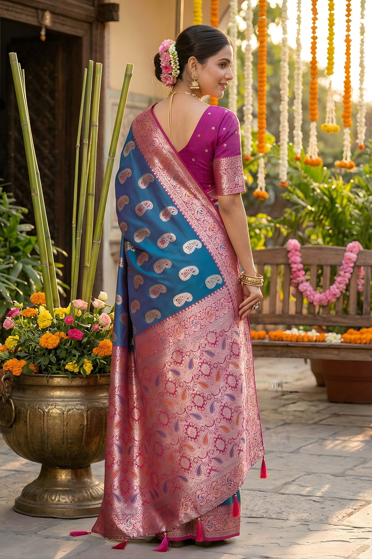 Royal Teal Blue Banarasi Silk Saree Pink Zari Border Design Traditional  Saree