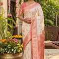 Cream Banarasi Silk Saree Red Zari Border Motifs Traditional Saree