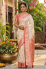 Cream Banarasi Silk Saree Red Zari Border Motifs Traditional Saree