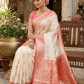 Cream Banarasi Silk Saree Red Zari Border Motifs Traditional Saree