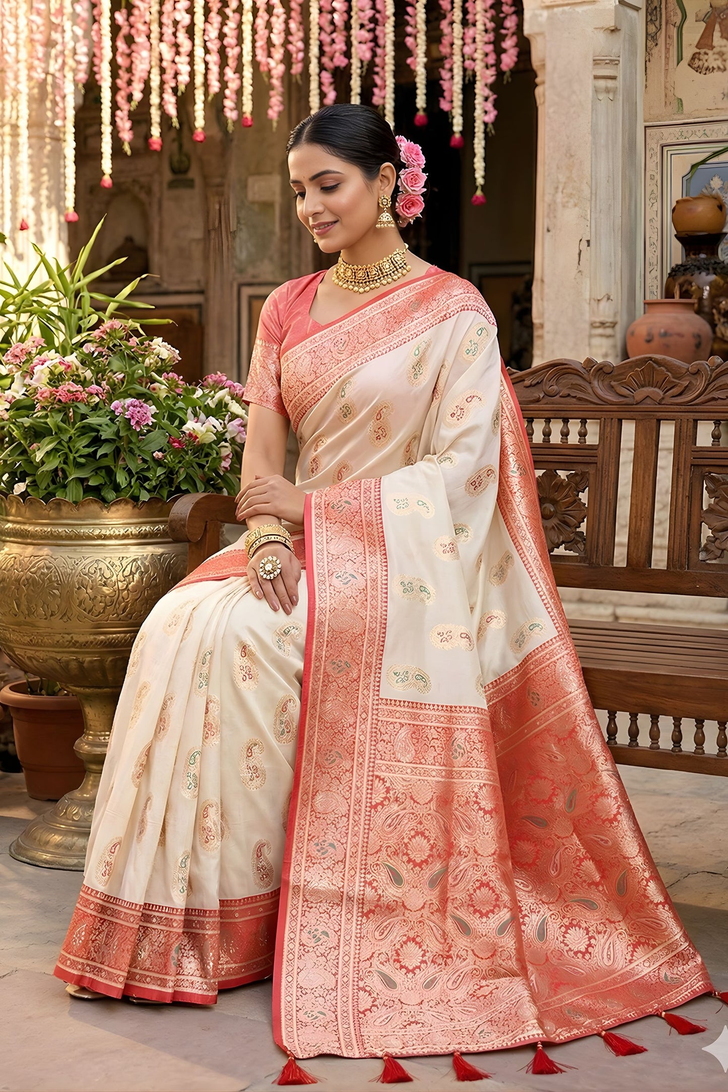 Cream Banarasi Silk Saree Red Zari Border Motifs Traditional Saree