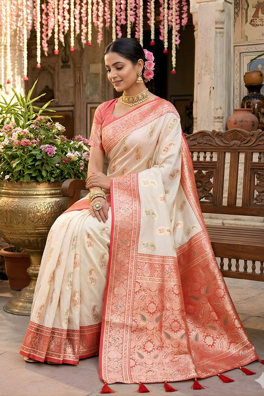Cream Banarasi Silk Saree Red Zari Border Motifs Traditional Saree