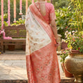 Cream Banarasi Silk Saree Red Zari Border Motifs Traditional Saree