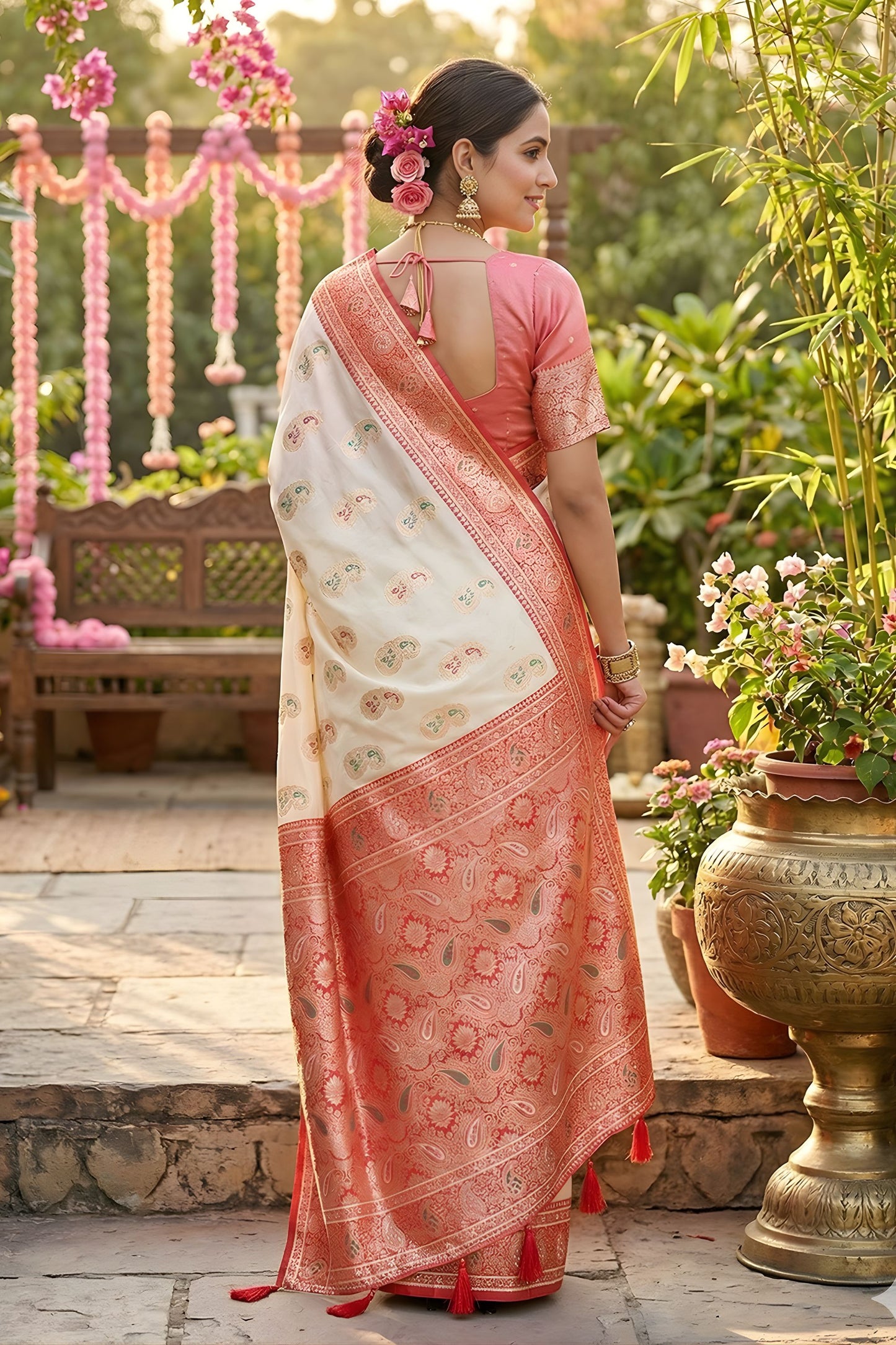Cream Banarasi Silk Saree Red Zari Border Motifs Traditional Saree