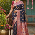 Royal Navy Blue Banarasi Silk Saree Pink Zari Border Motifs Traditional Saree