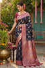 Royal Navy Blue Banarasi Silk Saree Pink Zari Border Motifs Traditional Saree