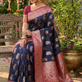 Royal Navy Blue Banarasi Silk Saree Pink Zari Border Motifs Traditional Saree