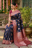 Royal Navy Blue Banarasi Silk Saree Pink Zari Border Motifs Traditional Saree