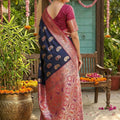 Royal Navy Blue Banarasi Silk Saree Pink Zari Border Motifs Traditional Saree
