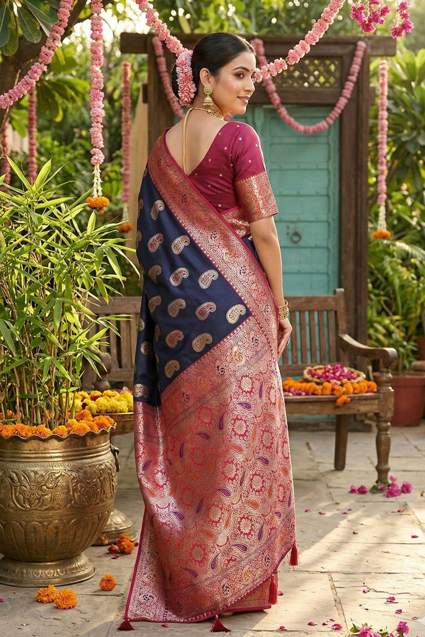Royal Navy Blue Banarasi Silk Saree Pink Zari Border Motifs Traditional Saree