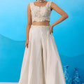 Graceful Cream Viscose Embroidered Crop Top with Palazzo and Pink Jacket for Women