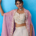 Graceful Cream Viscose Embroidered Crop Top with Palazzo and Pink Jacket for Women
