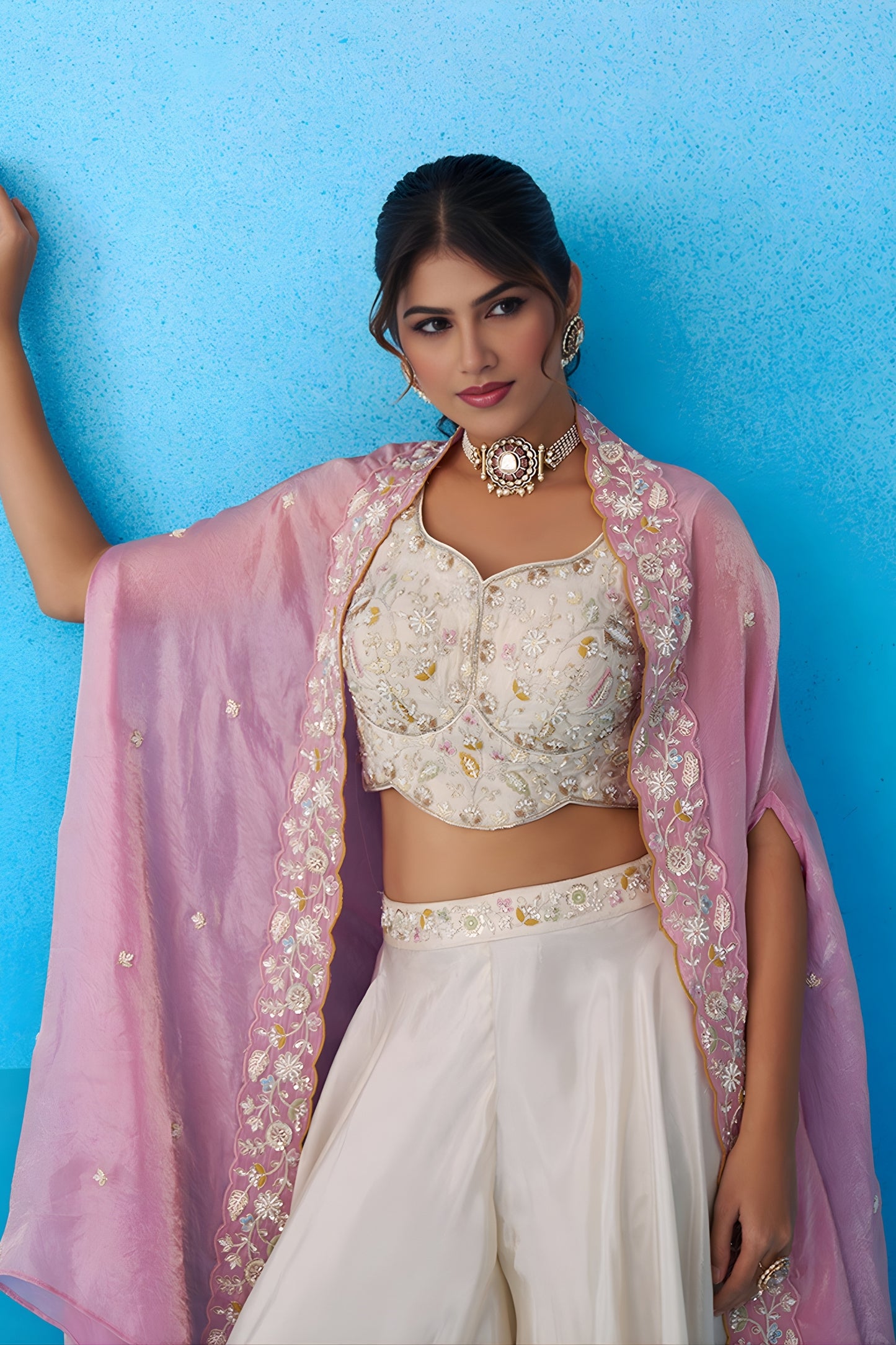 Graceful Cream Viscose Embroidered Crop Top with Palazzo and Pink Jacket for Women