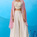 Graceful Cream Viscose Embroidered Crop Top with Palazzo and Pink Jacket for Women