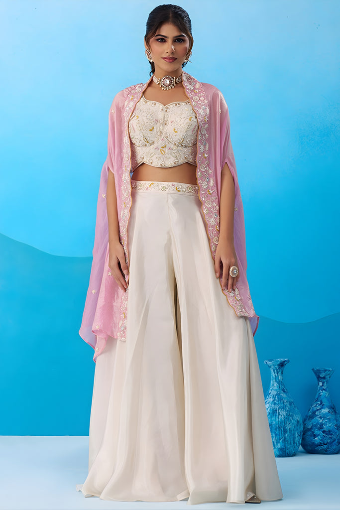 Graceful Cream Viscose Embroidered Crop Top with Palazzo and Pink Jacket for Women