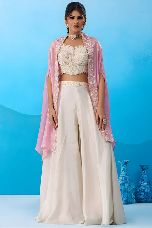 Graceful Cream Viscose Embroidered Crop Top with Palazzo and Pink Jacket for Women