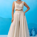 Elegant Cream Viscose Embroidered Crop Top Palazzo with Sky Blue Jacket for Women