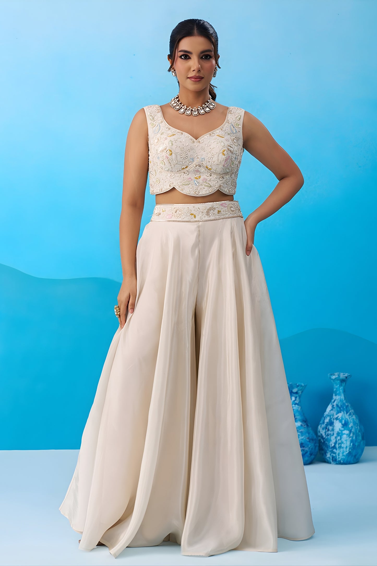 Elegant Cream Viscose Embroidered Crop Top Palazzo with Sky Blue Jacket for Women