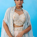 Elegant Cream Viscose Embroidered Crop Top Palazzo with Sky Blue Jacket for Women