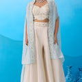 Elegant Cream Viscose Embroidered Crop Top Palazzo with Sky Blue Jacket for Women