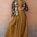 Stylish Mustard Tissue Crop Top Palazzo Set with Black Embroidered Jacket for Women