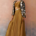 Stylish Mustard Tissue Crop Top Palazzo Set with Black Embroidered Jacket for Women