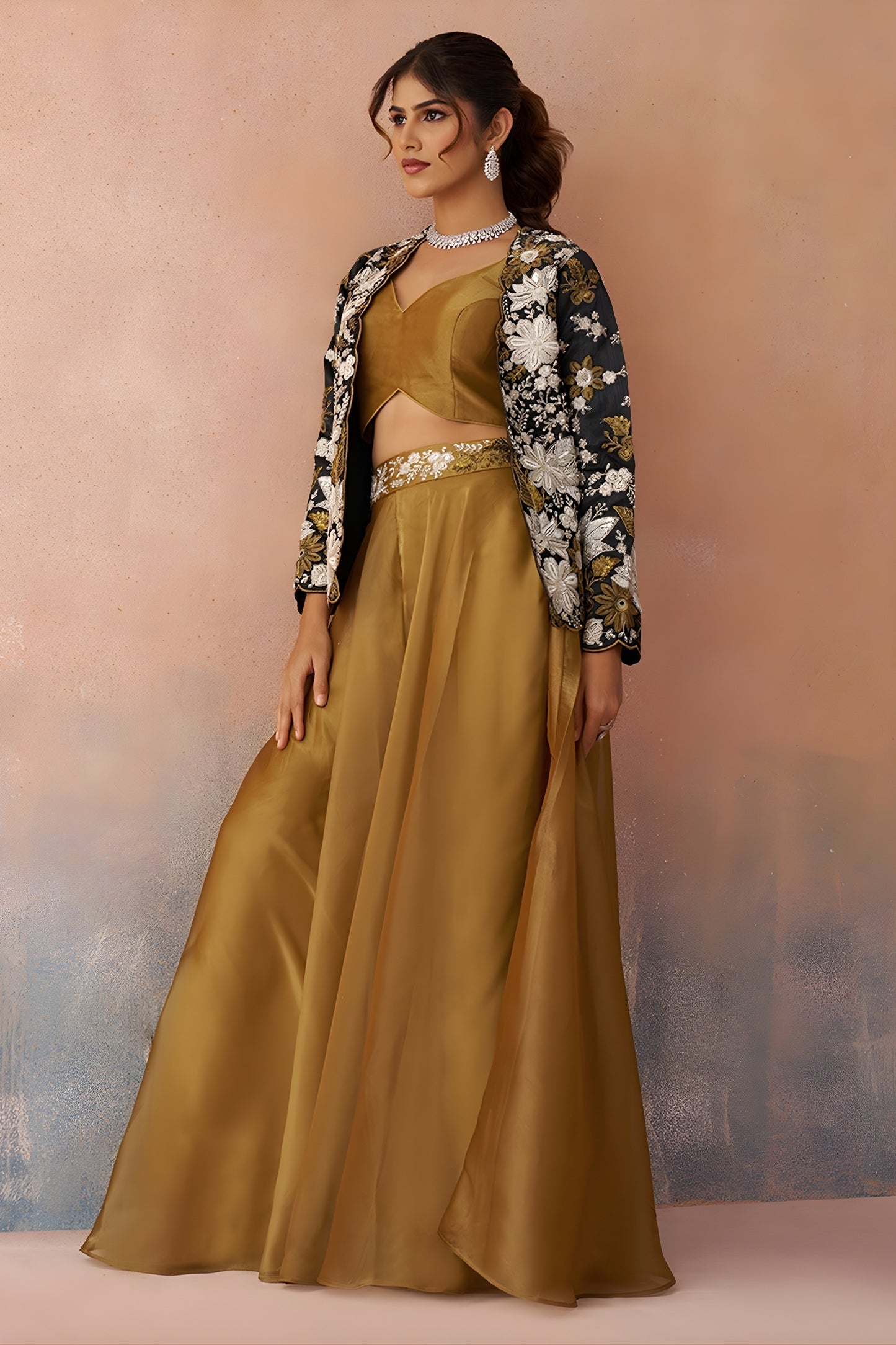 Stylish Mustard Tissue Crop Top Palazzo Set with Black Embroidered Jacket for Women
