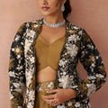 Stylish Mustard Tissue Crop Top Palazzo Set with Black Embroidered Jacket for Women