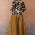 Stylish Mustard Tissue Crop Top Palazzo Set with Black Embroidered Jacket for Women