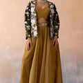 Stylish Mustard Tissue Crop Top Palazzo Set with Black Embroidered Jacket for Women