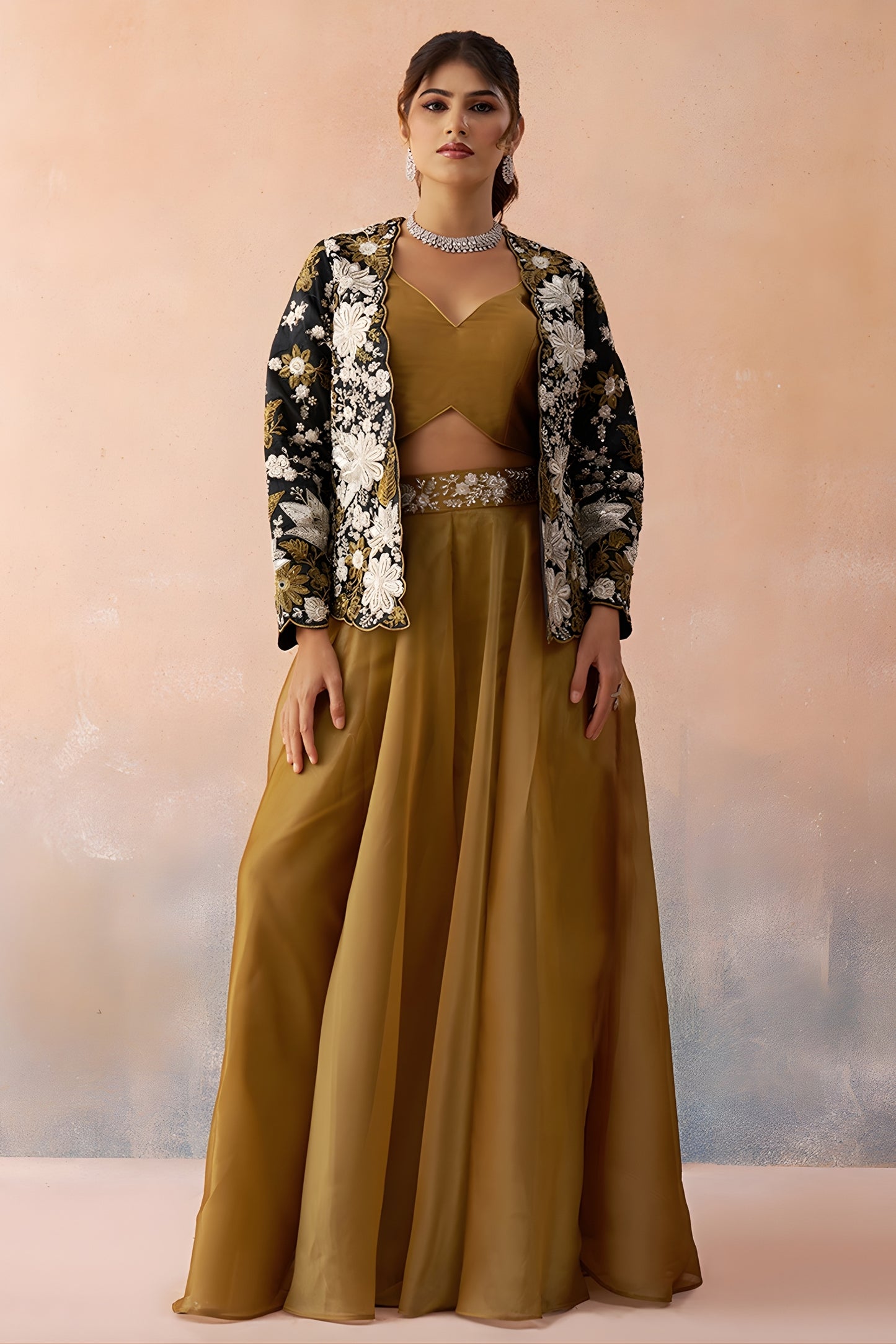 Stylish Mustard Tissue Crop Top Palazzo Set with Black Embroidered Jacket for Women