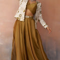 Beautiful Mustard Tissue Crop Top Palazzo Set with White Embroidered Jacket for Women