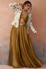 Beautiful Mustard Tissue Crop Top Palazzo Set with White Embroidered Jacket for Women
