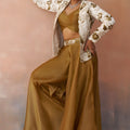 Beautiful Mustard Tissue Crop Top Palazzo Set with White Embroidered Jacket for Women
