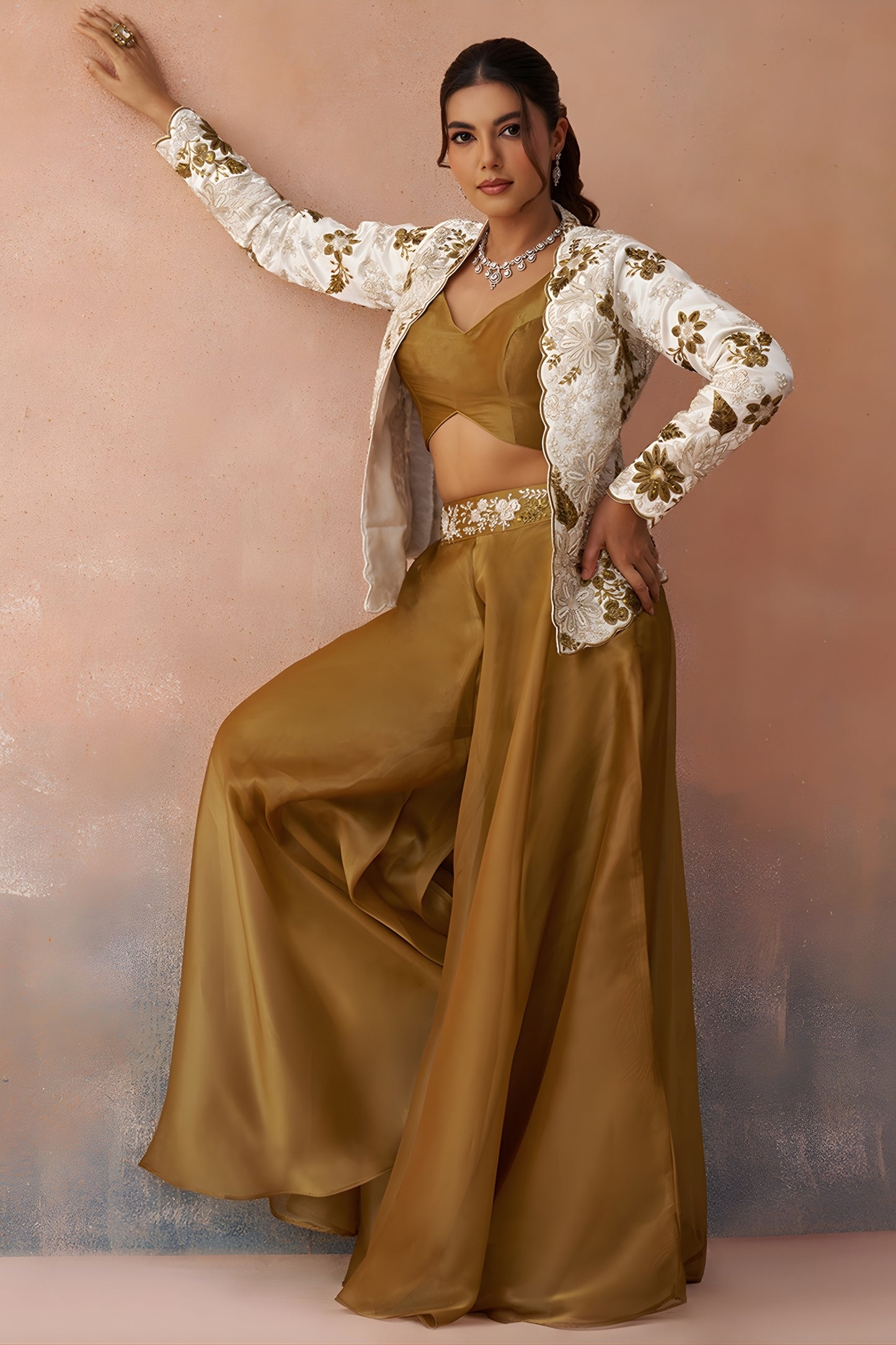 Beautiful Mustard Tissue Crop Top Palazzo Set with White Embroidered Jacket for Women