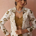 Beautiful Mustard Tissue Crop Top Palazzo Set with White Embroidered Jacket for Women