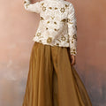 Beautiful Mustard Tissue Crop Top Palazzo Set with White Embroidered Jacket for Women