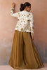 Beautiful Mustard Tissue Crop Top Palazzo Set with White Embroidered Jacket for Women