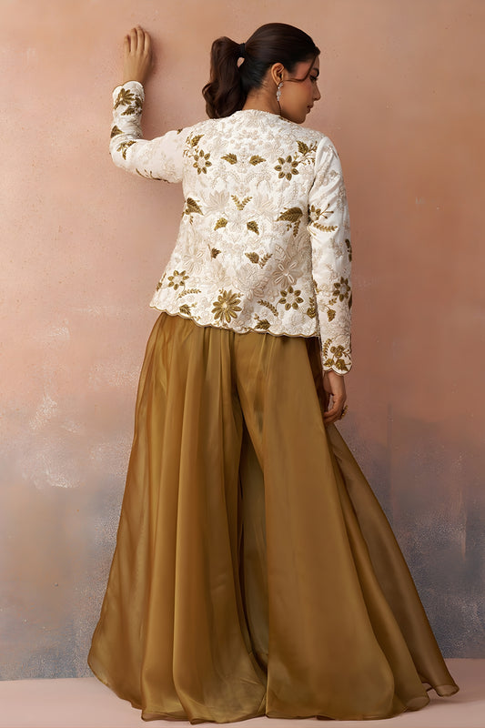 Beautiful Mustard Tissue Crop Top Palazzo Set with White Embroidered Jacket for Women