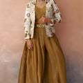 Beautiful Mustard Tissue Crop Top Palazzo Set with White Embroidered Jacket for Women