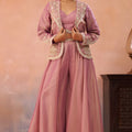 Superb Dusty Pink Tissue Party Wear Crop Top Palazzo Set with Embroidered Jacket