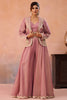 Superb Dusty Pink Tissue Party Wear Crop Top Palazzo Set with Embroidered Jacket